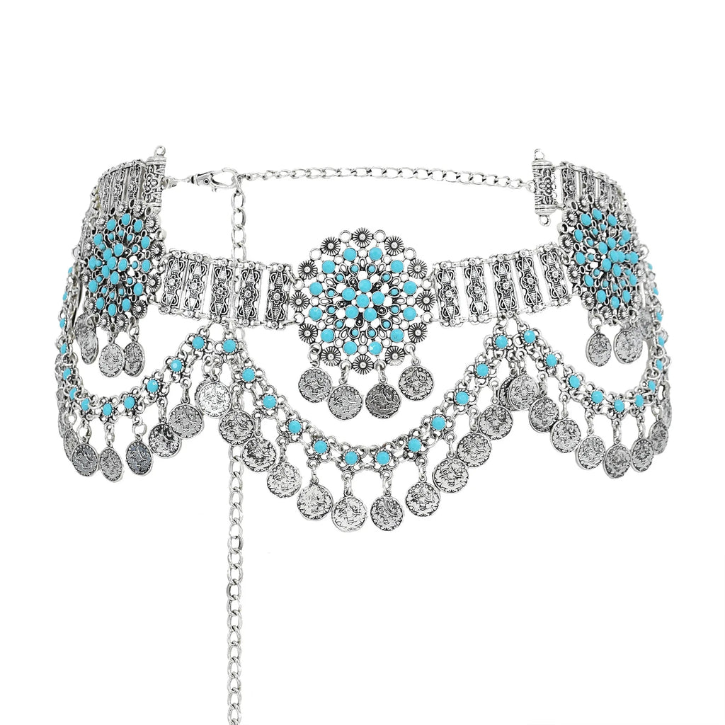 Boho silver coin belt with turquoise accents and intricate floral detailing