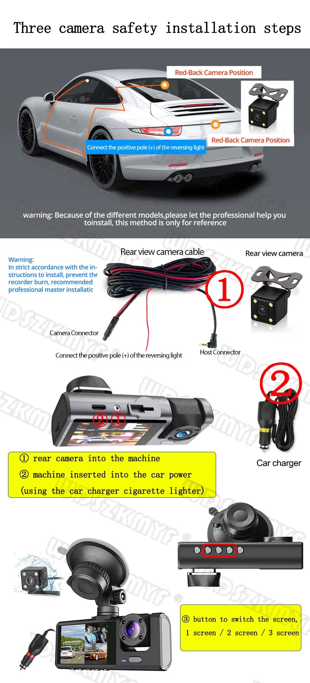 Triple Lens Dash Cam – 1080P Front and Rear Vehicle Recorder for Night Vision