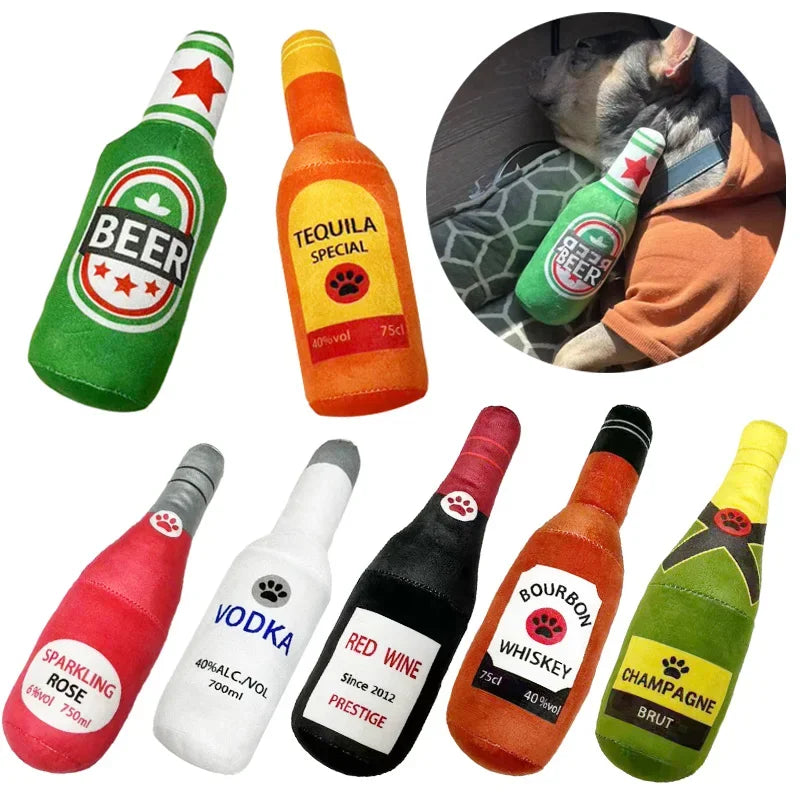 Plush Beer Bottle Dog Toy – Squeaky Chew Toy for Interactive Play