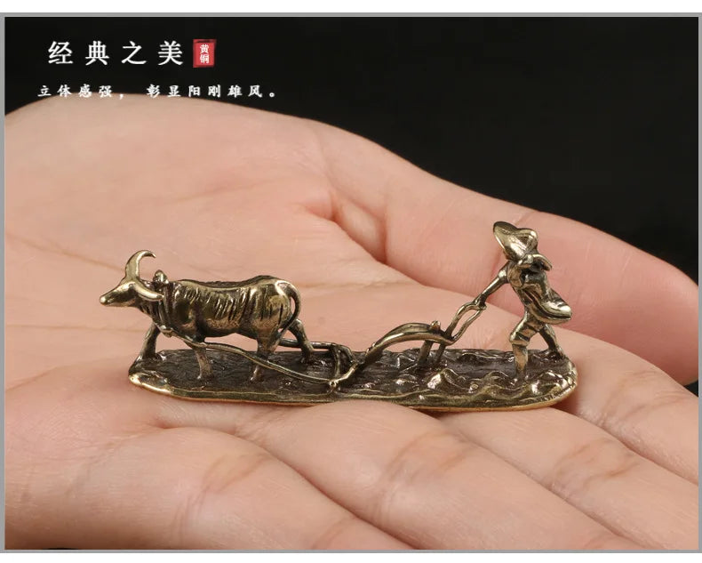 Bronze Farmer and Cow Statue – Vintage Metal Figurine for Home Decor