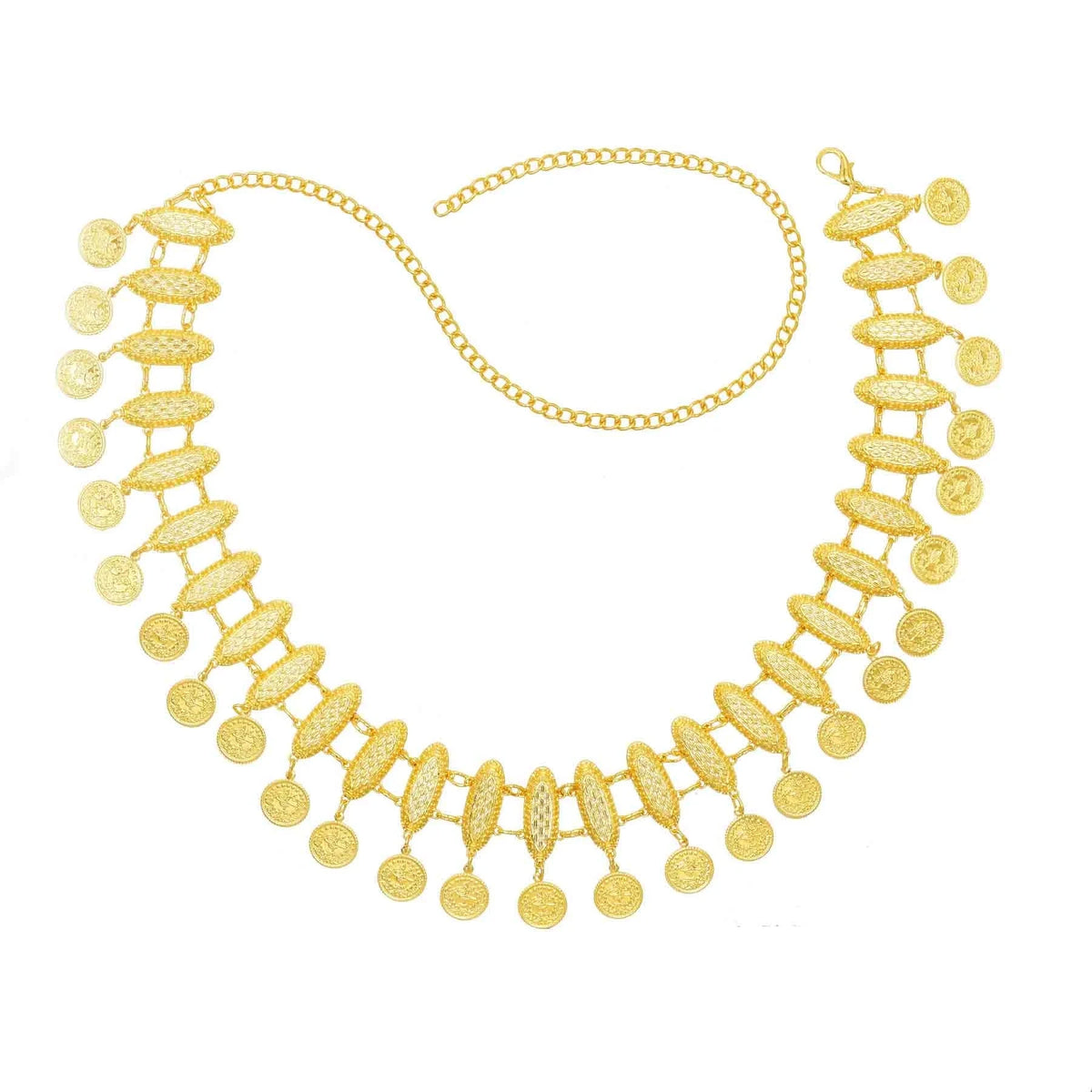 Gold coin necklace with intricate chain design, traditional statement jewelry on white background