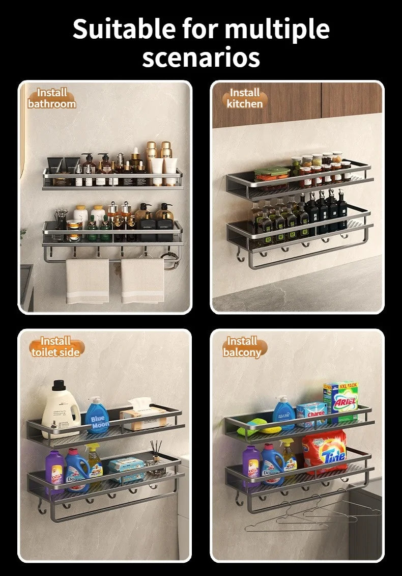 Aluminum Bathroom Shelf – Wall Mounted Storage Rack for Kitchen and Shower