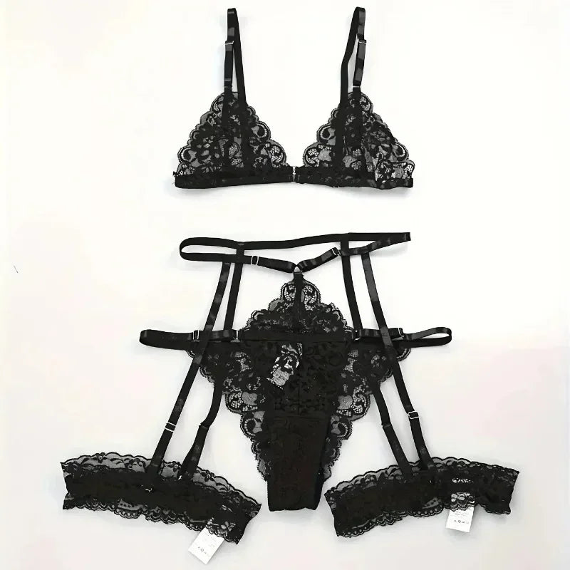 Transparent Lace Lingerie Set – Sexy 3 Piece Sleepwear for Women