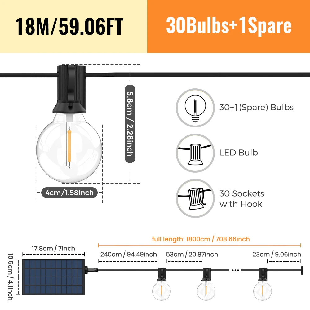 G40 Solar LED String Lights – Weatherproof Shatterproof Decor for Patio