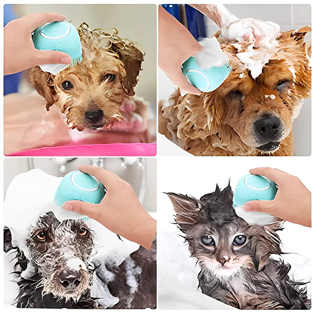 Silicone Pet Grooming Brush – Shampoo Dispenser for Dogs and Cats Bathing