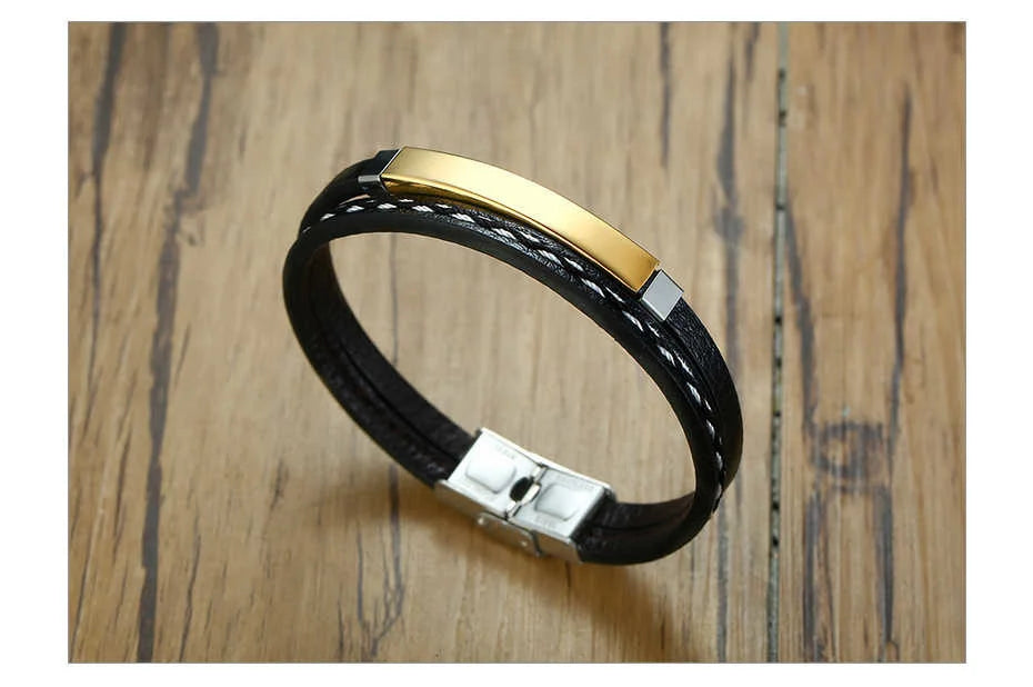 Genuine Leather Bar Bracelet – Stainless Steel Layered Bangle for Men Women