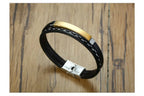 Genuine Leather Bar Bracelet – Stainless Steel Layered Bangle for Men Women