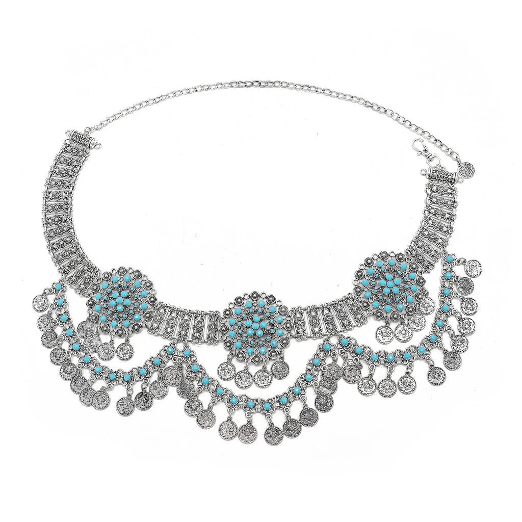 Silver statement necklace with turquoise stones and intricate coin dangle design