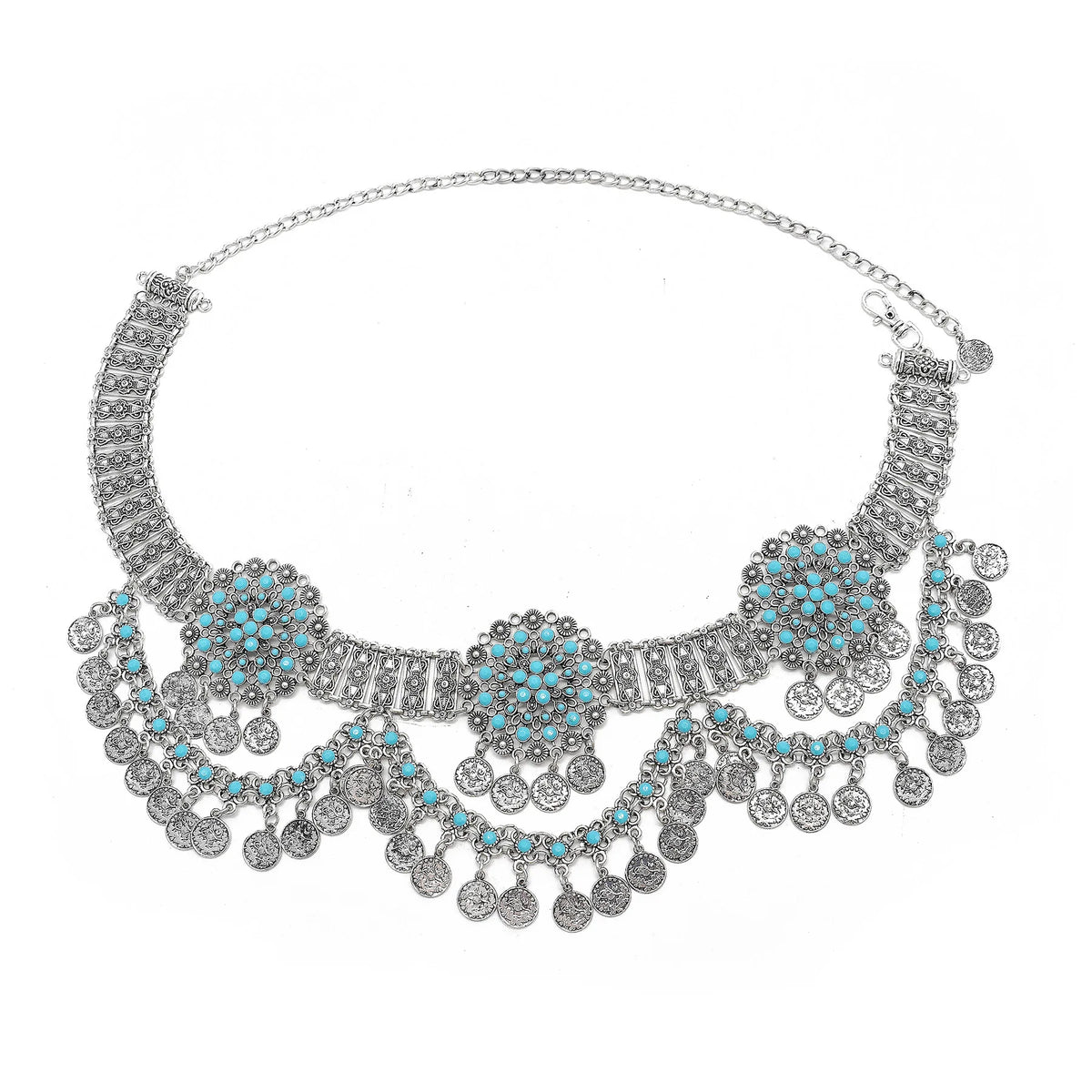 Silver statement necklace with turquoise stones and intricate coin dangle design