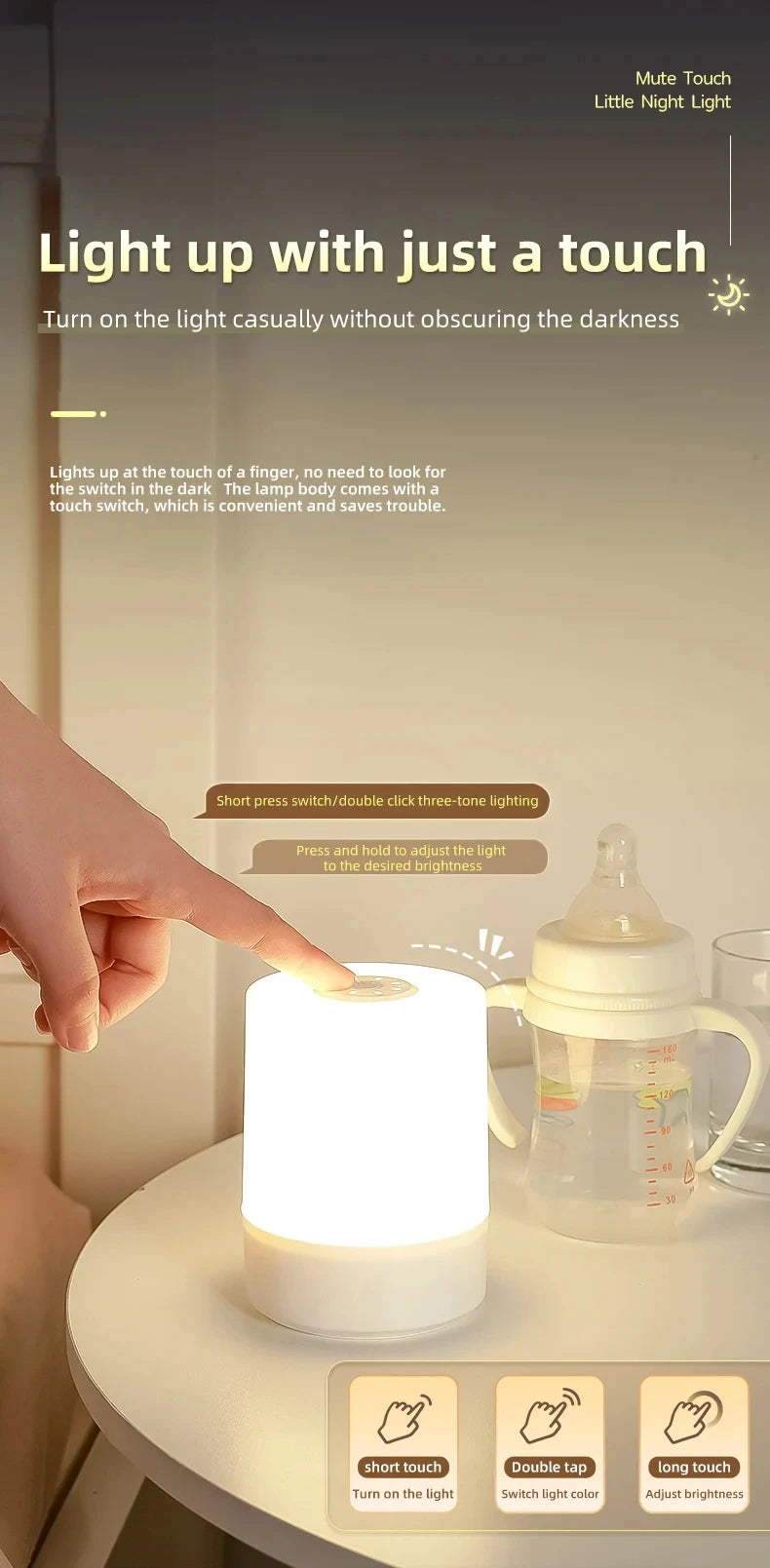 Dimmable Touch Night Lamp – USB Bedside Light for Kids Bedroom Decor