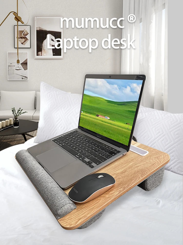 Portable Wooden Laptop Bed Desk – 15 Inch Lap Tray with Cushion for Study