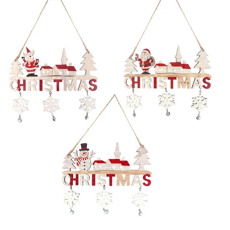 Wooden Christmas Door Hanging Ornaments – Santa and Snowflake Decor for Home