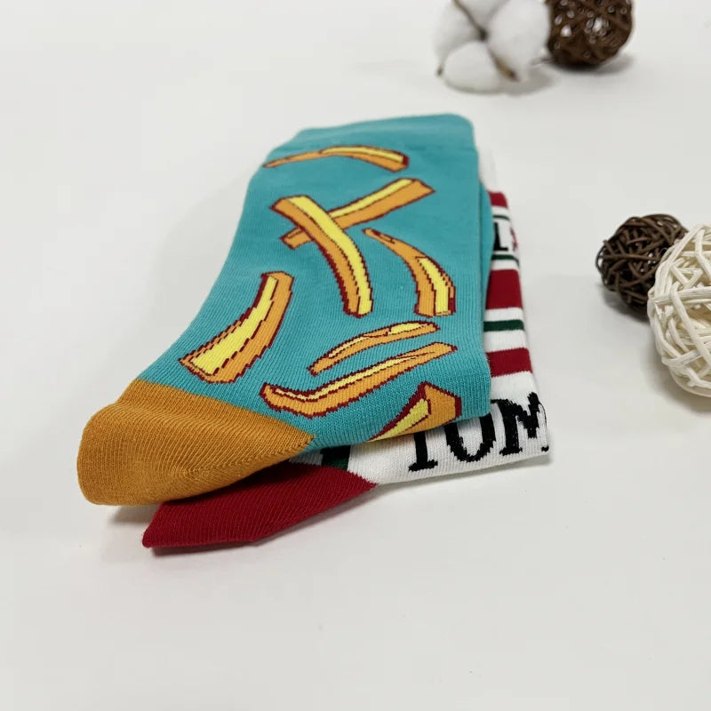 Printed Food Novelty Socks – Ketchup and Fry Mid-Calf Crew for Cosplay
