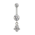 silver belly button ring with clear round gemstones and cubic zirconia cluster charm