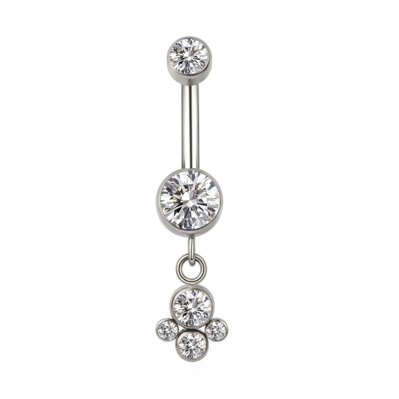 silver belly button ring with clear round gemstones and cubic zirconia cluster charm