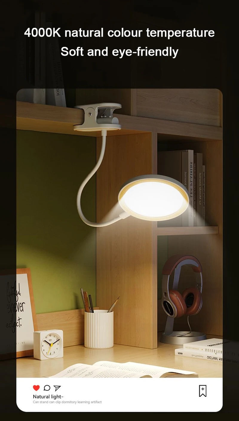 Rechargeable Clip-On LED Desk Lamp – Eye-Protection Light for Bedside Reading