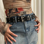 Double Hole Leather Belt – Large Size Y2K Punk Waistband for Men and Women