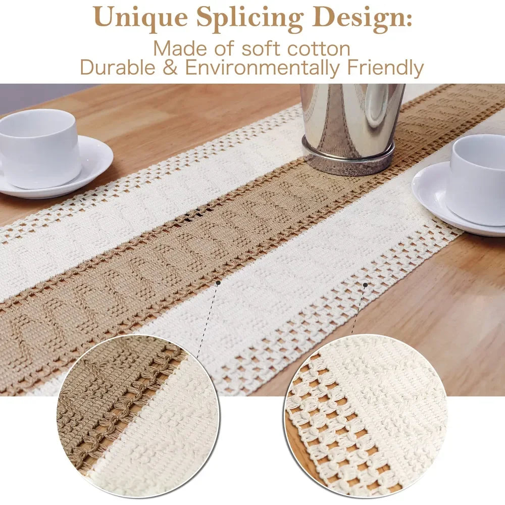 Boho Linen Table Runner – Rustic Macrame with Tassels for Farmhouse Decor
