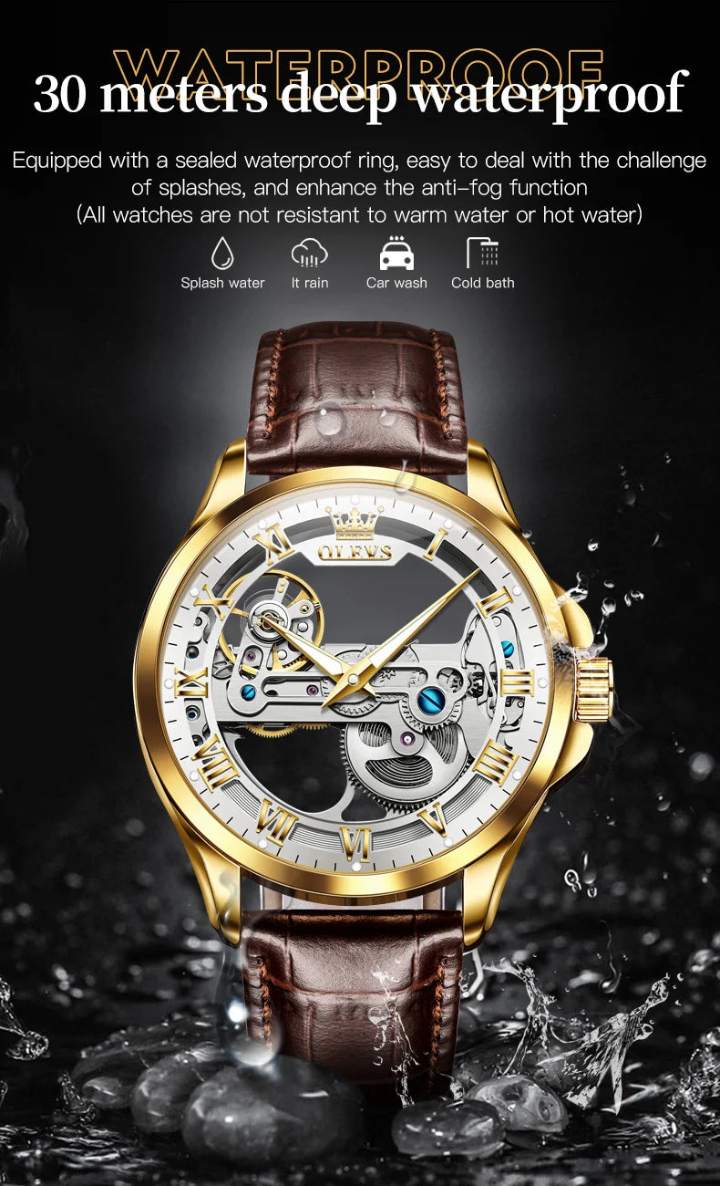Automatic Skeleton Mechanical Watch – Leather Strap for Luxury Mens Formal Wear