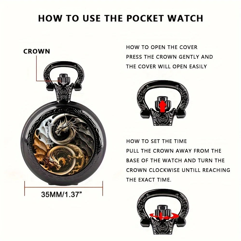 Vintage Dragon Pocket Watch – Quartz Necklace Pendant for Men and Kids