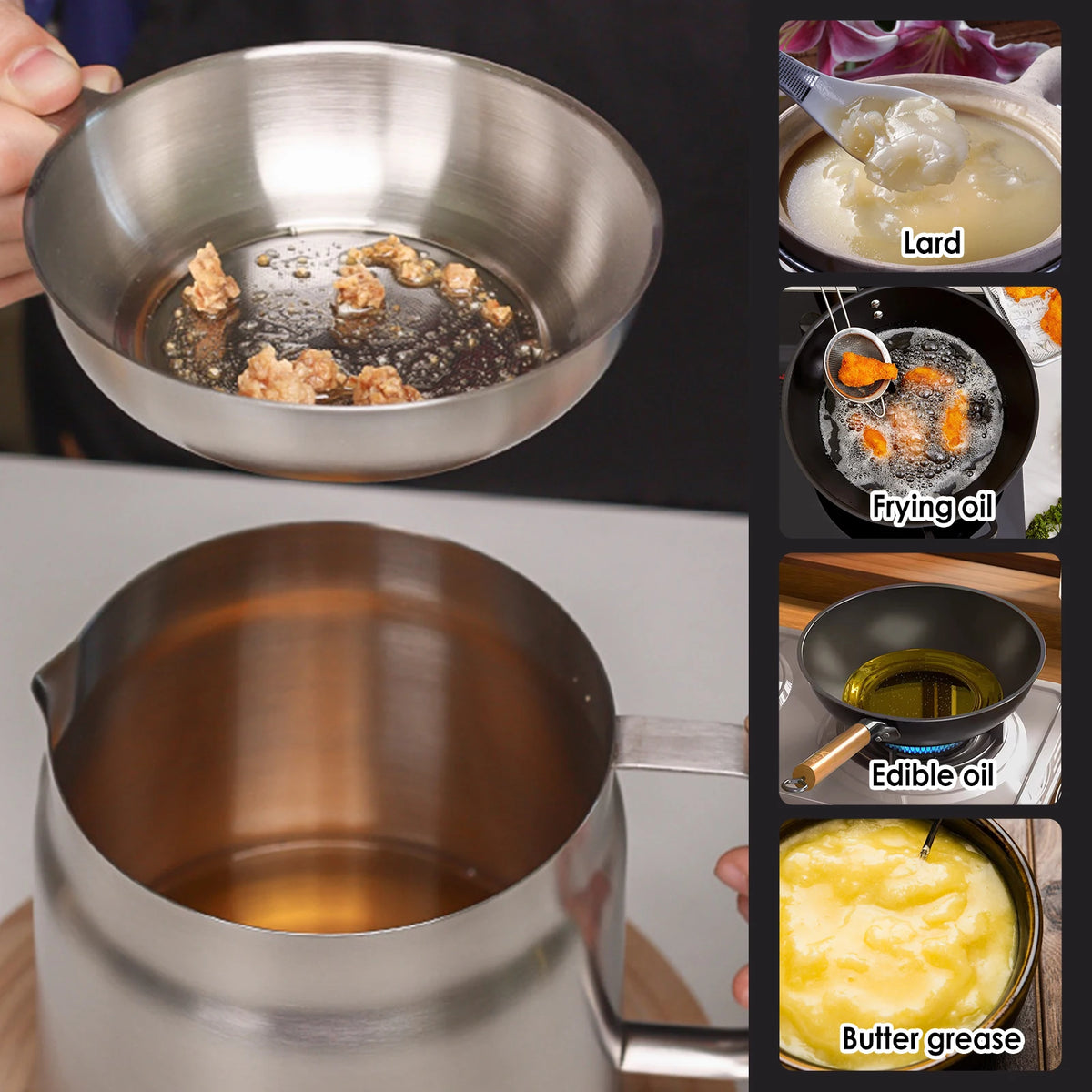 Stainless Steel Oil Strainer Pot – Fine Mesh Grease Container for Kitchen