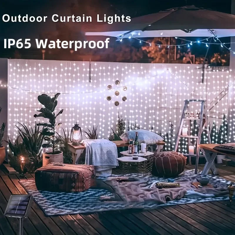 Solar LED Curtain String Lights – 8 Mode Waterproof Decor for Outdoor Garden