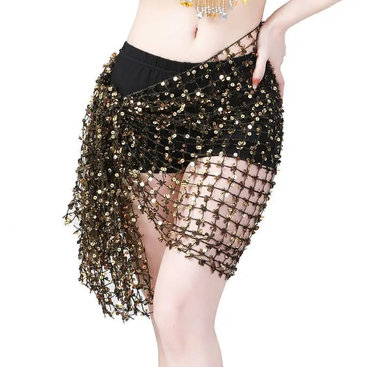 Black mesh hip scarf with gold sequins, belly dance costume accessory