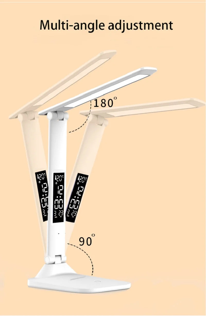 LED Desk Lamp – Rechargeable Touch Light with Alarm and Thermometer for Study