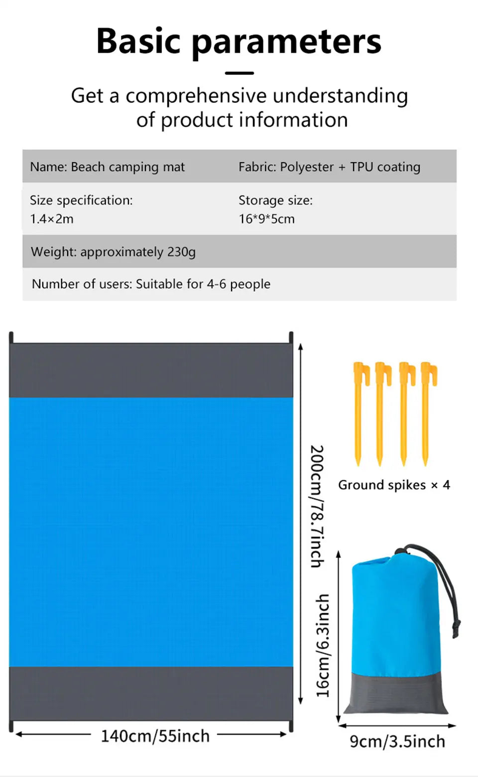 Waterproof Sandproof Beach Blanket – 200x210cm Picnic Mat for Camping and Hiking