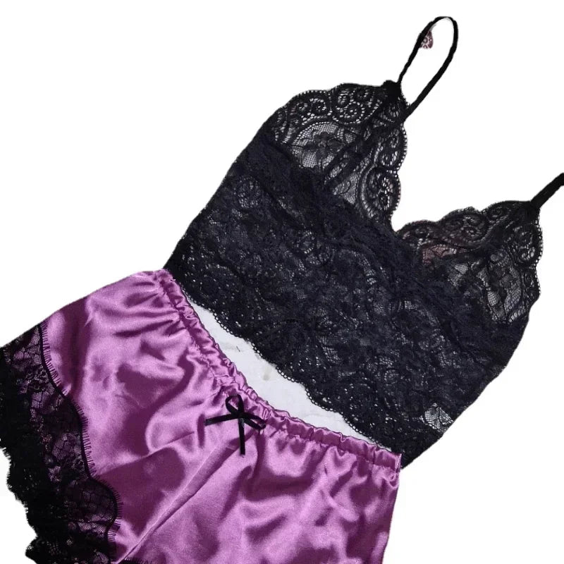 Lace Silk Pajama Set – Sexy Crop Top and Shorts for Women Sleepwear