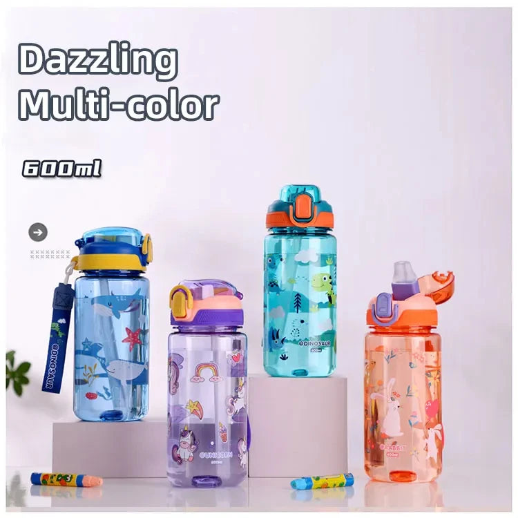 Dinosaur Plastic Water Bottle – 600ml Leakproof Sippy Cup for Kids
