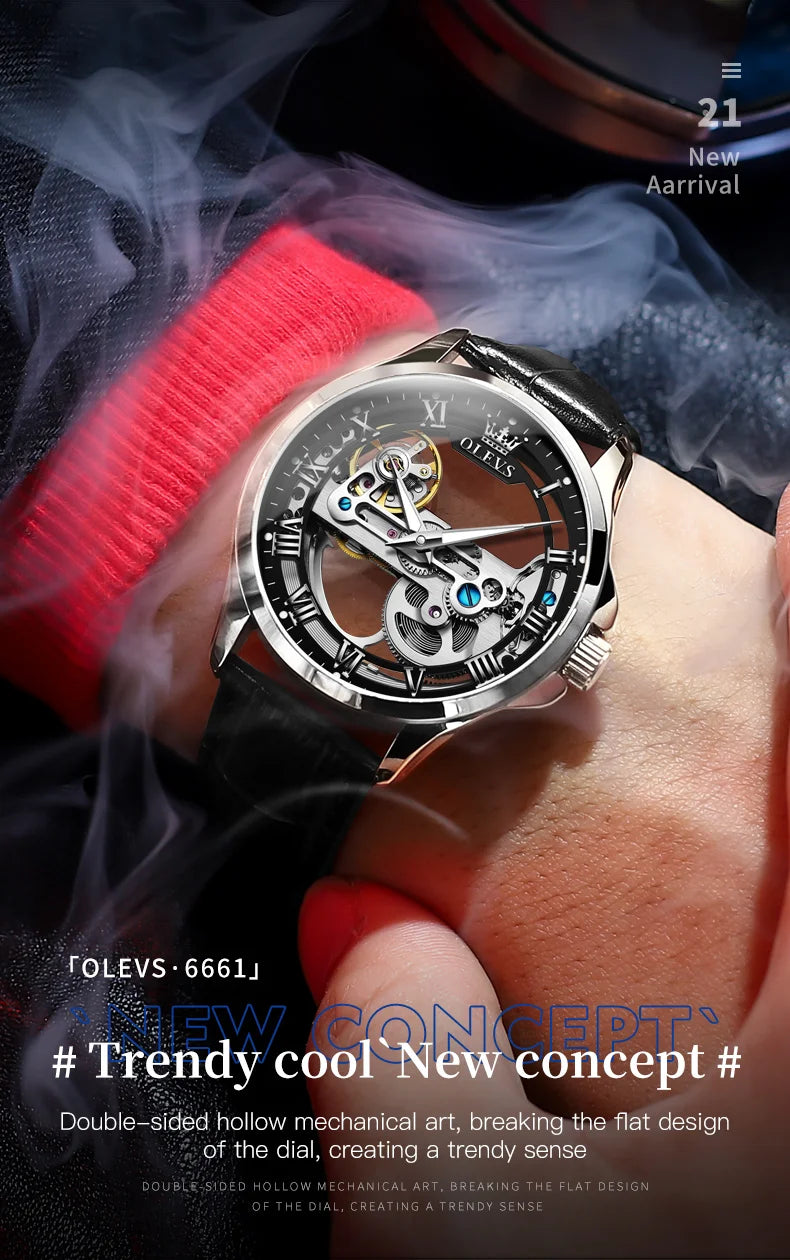 Automatic Mechanical Men's Watch – Hollow Leather Strap for Business Casual