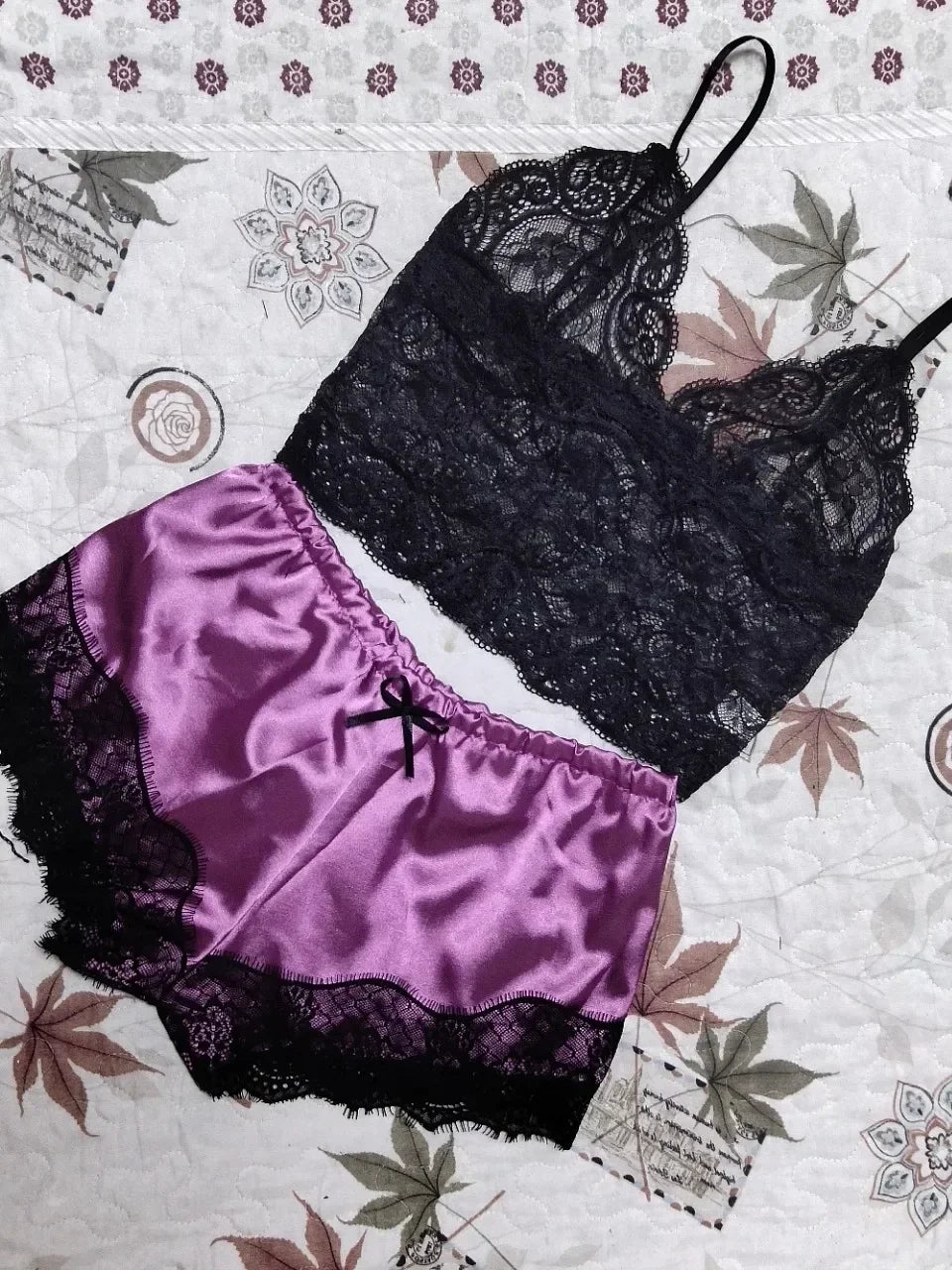 Lace Silk Pajama Set – Sexy Crop Top and Shorts for Women Sleepwear