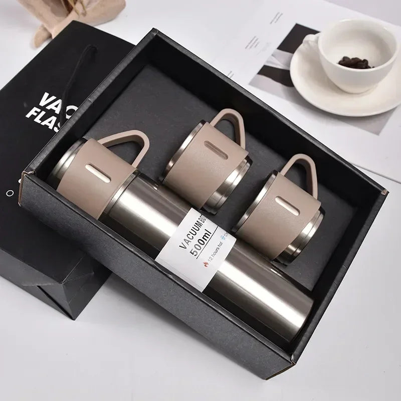 Stainless steel vacuum flask set with three beige cups in gift box, home essentials