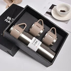 Stainless steel vacuum flask set with three beige cups in gift box, home essentials