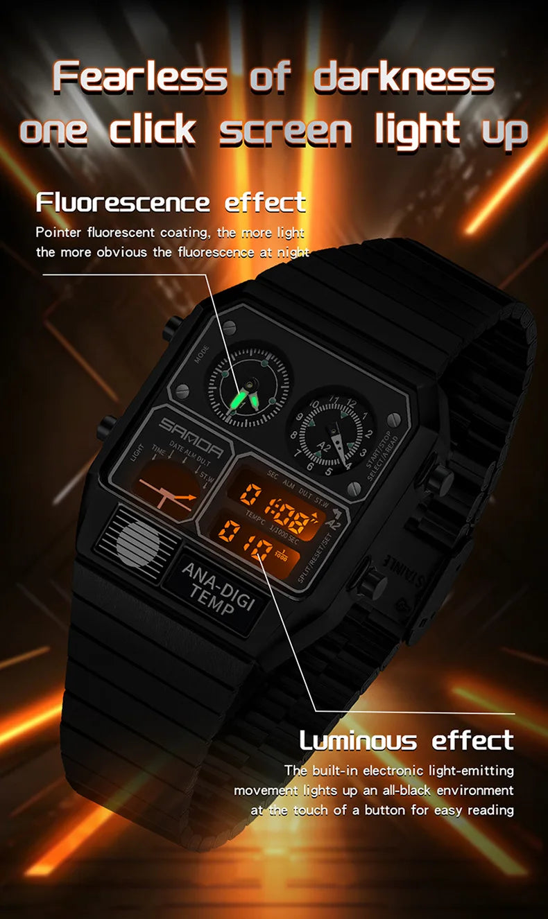 Square Stainless Steel Digital Watch – Temperature Gauge for Men's Sports
