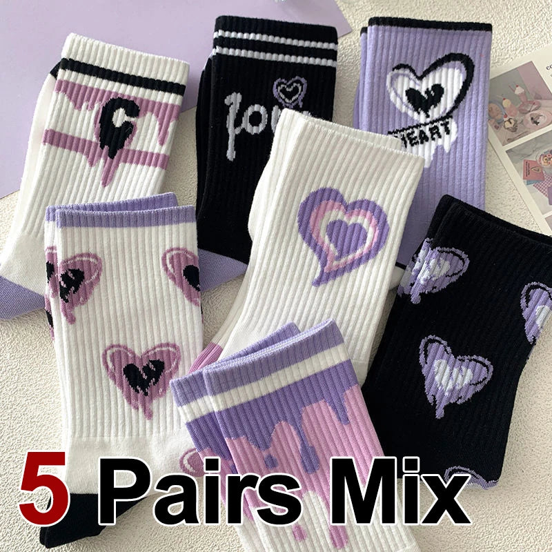 Heart-Shaped Printed Mid Tube Socks – Breathable Cotton for Casual Daily Wear