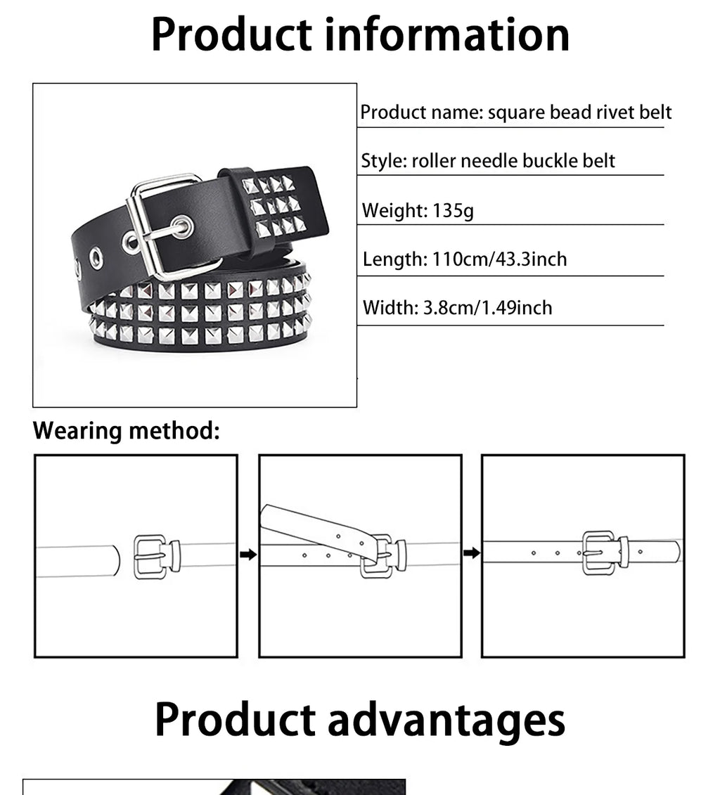 Punk Pyramid Rivet Belt – Metal Studded Hardware for Unisex Y2K Fashion