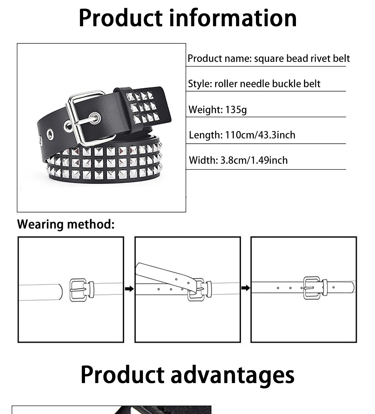 Punk Pyramid Rivet Belt – Metal Studded Hardware for Unisex Y2K Fashion