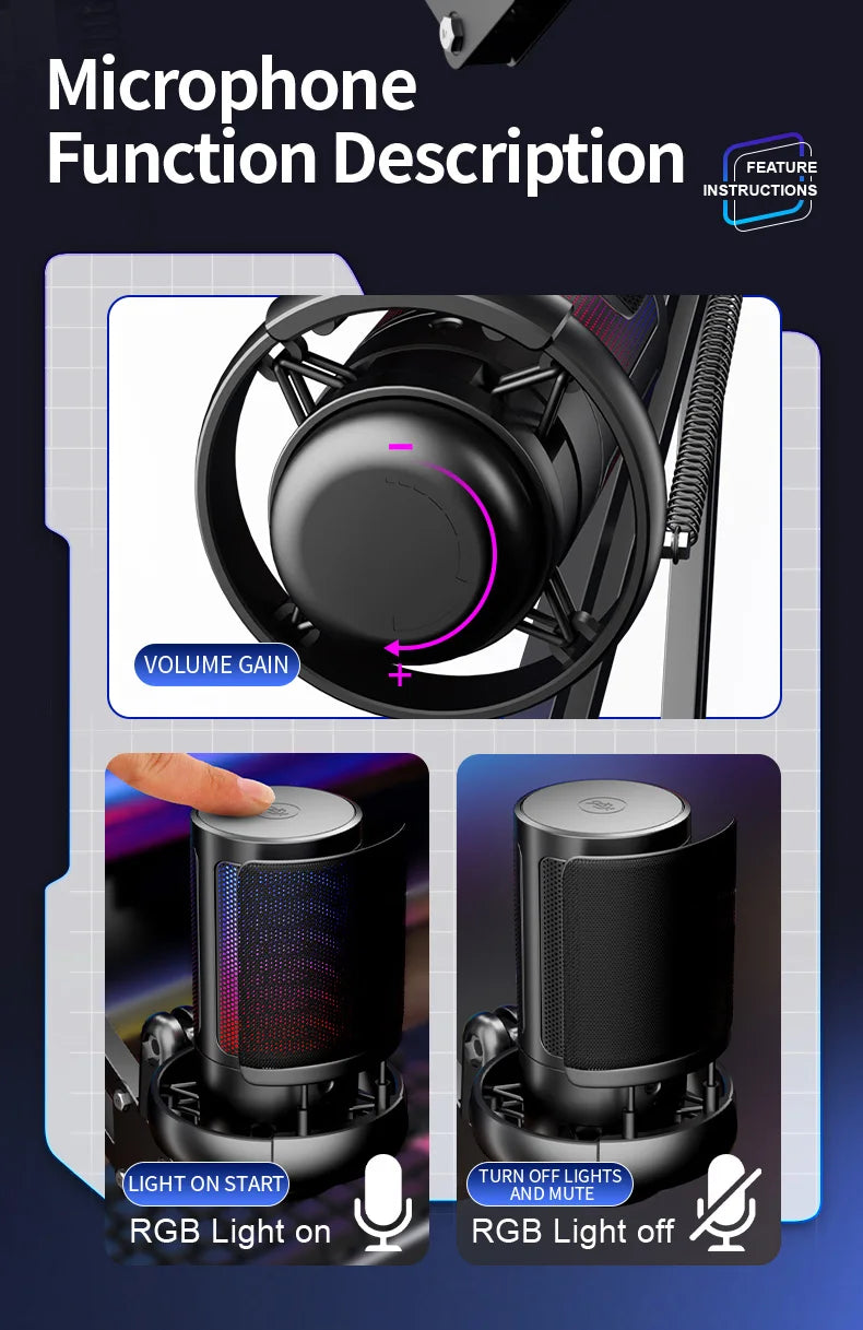 USB Condenser Microphone – RGB Gaming Podcast Mic for Studio Recording
