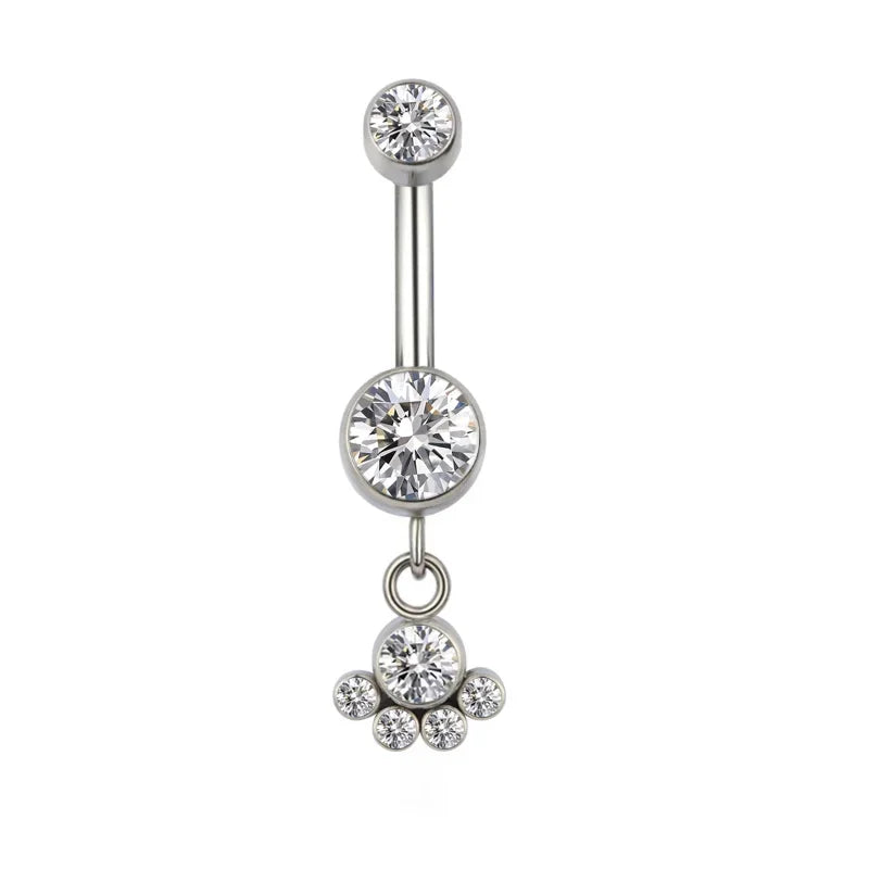 Silver belly button ring with clear cubic zirconia gemstones, minimalist jewelry