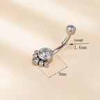 Paw-shaped belly button piercing with clear crystals, 1.6mm gauge, 9mm size on neutral background