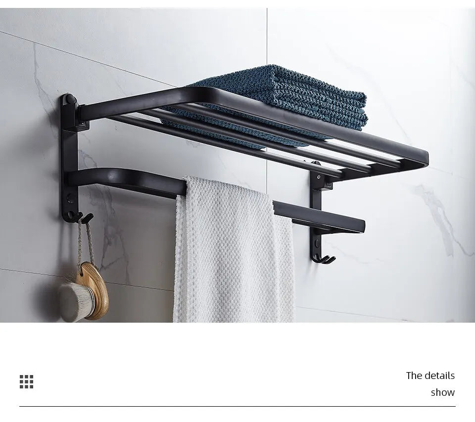 Matte Black Aluminum Towel Rack – 50cm Wall Mounted Holder with Hook