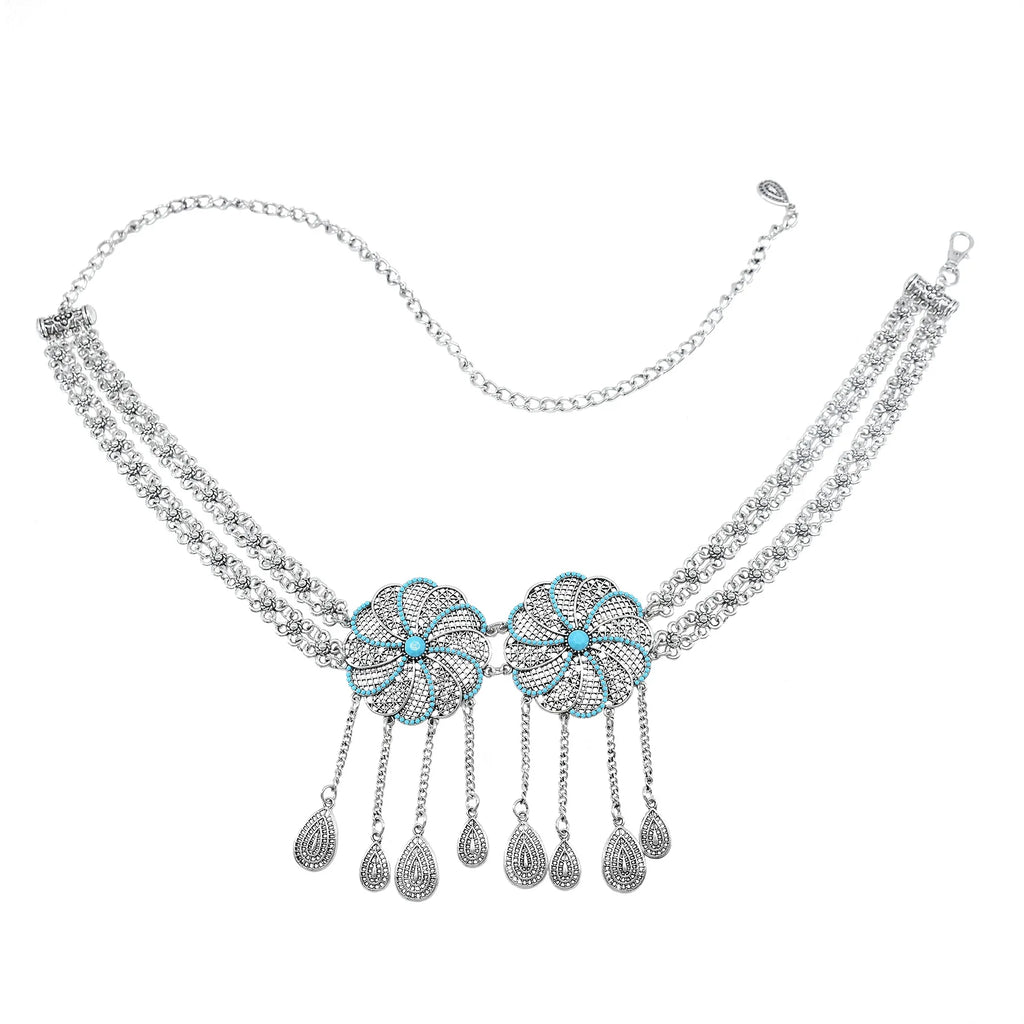 Silver floral chain belt with turquoise accents and decorative dangling pendants