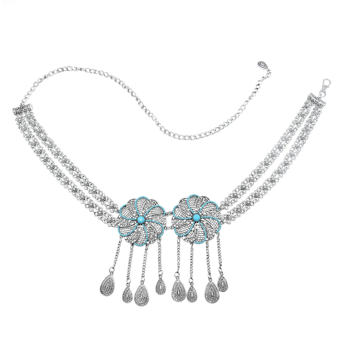 Silver floral chain belt with turquoise accents and decorative dangling pendants