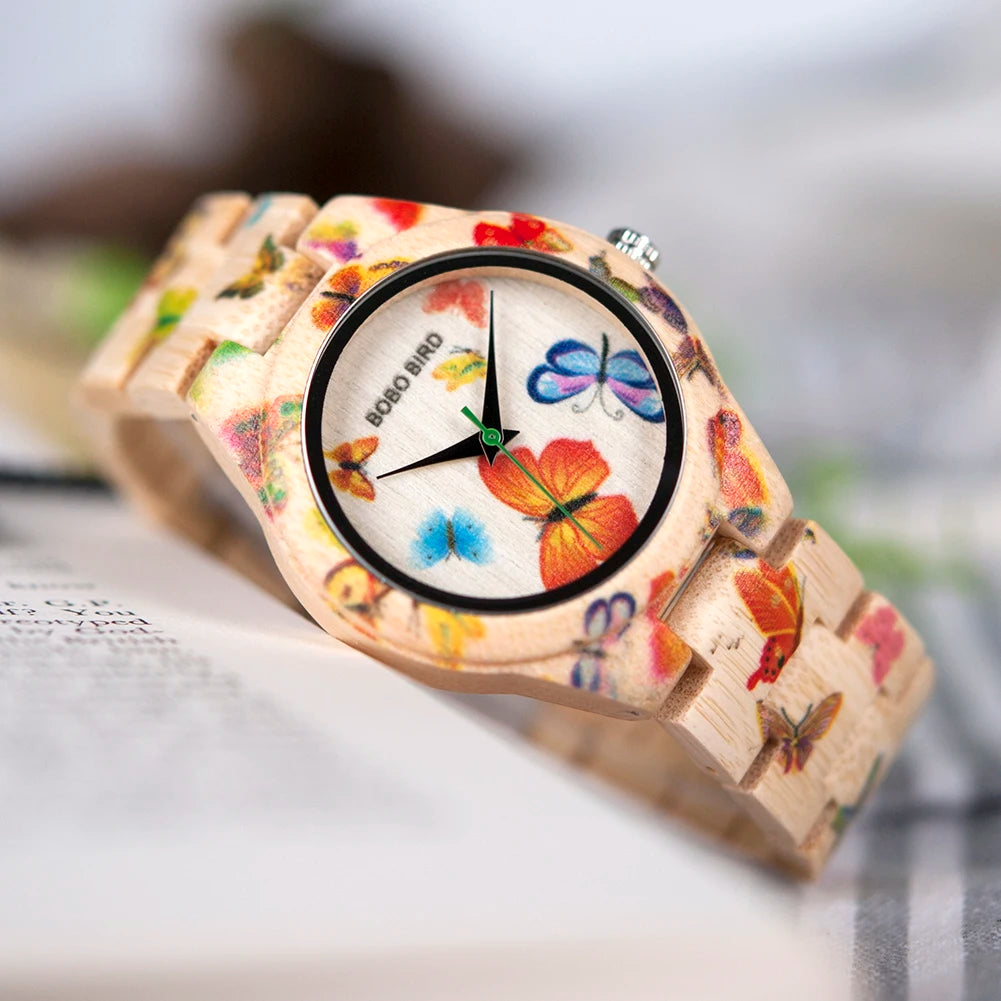 BOBO BIRD Wooden Women's Watch – Floral Engraved Handmade Quartz Wristwatch