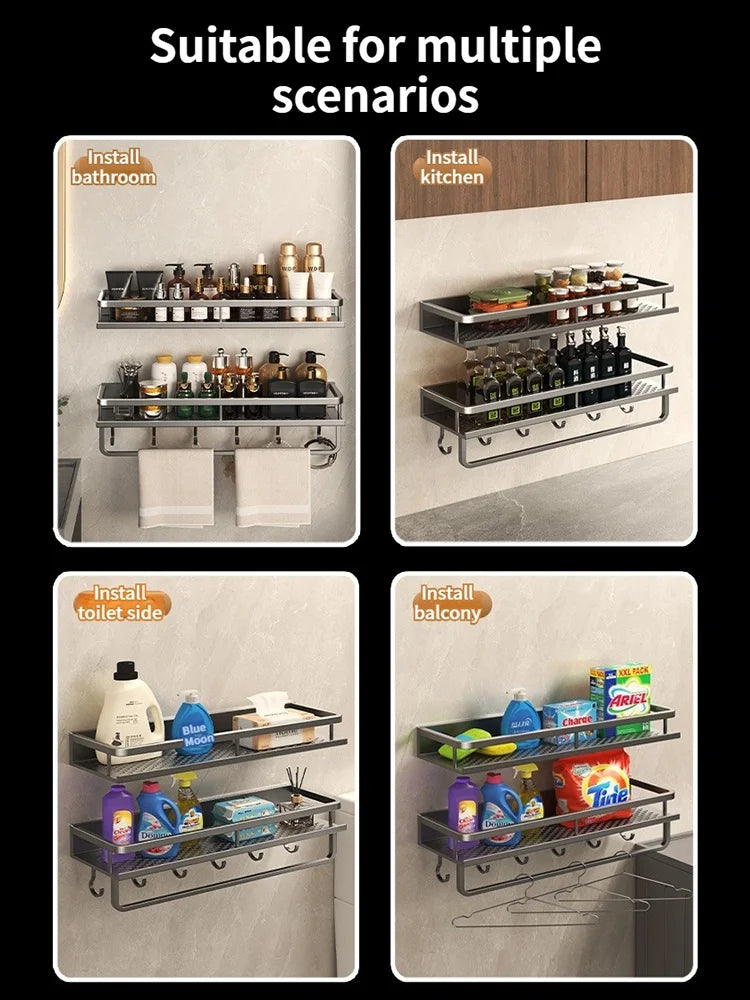 Aluminum Bathroom Shelf – Wall Mounted Storage Rack for Kitchen and Shower