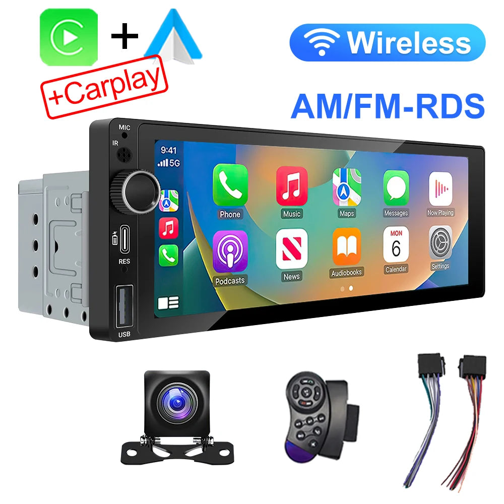 6.9 Inch 1 Din Car Radio – Wireless CarPlay and Android Auto Multimedia