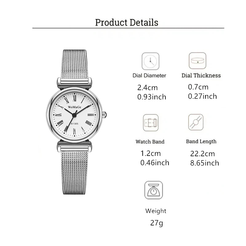 Silver Mesh Quartz Watch – Small Dial Stainless Steel for Women