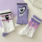 Cotton Heart Print Crew Socks – Kawaii Korean Style for Women